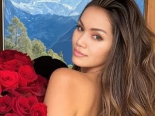 Brunette adult with red roses, 18+